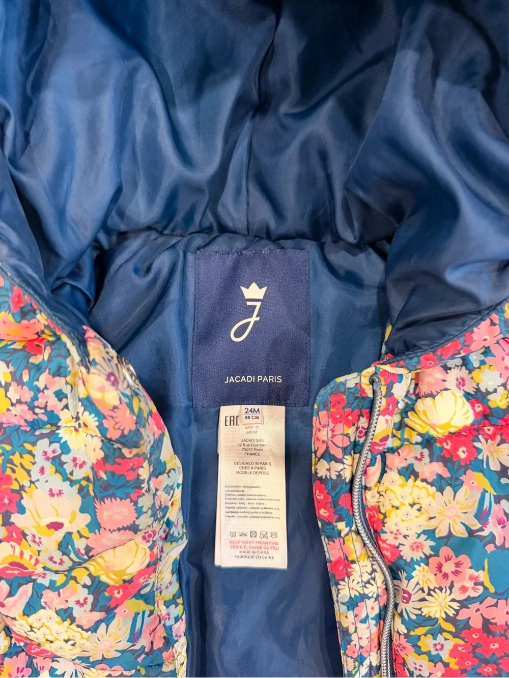 Girls' Floral Puffer Jacket with Hood - Navy & Pink